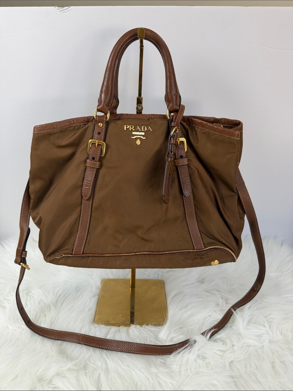 Prada Tessuto Brown Nylon Leather 2-Way Tote Shoulder Bag Gold Hardware